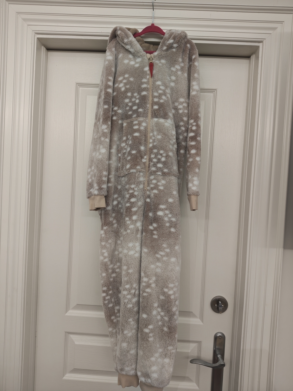Kids Plush Hooded One-Piece Rudolph Onesie in Taupe Dapple